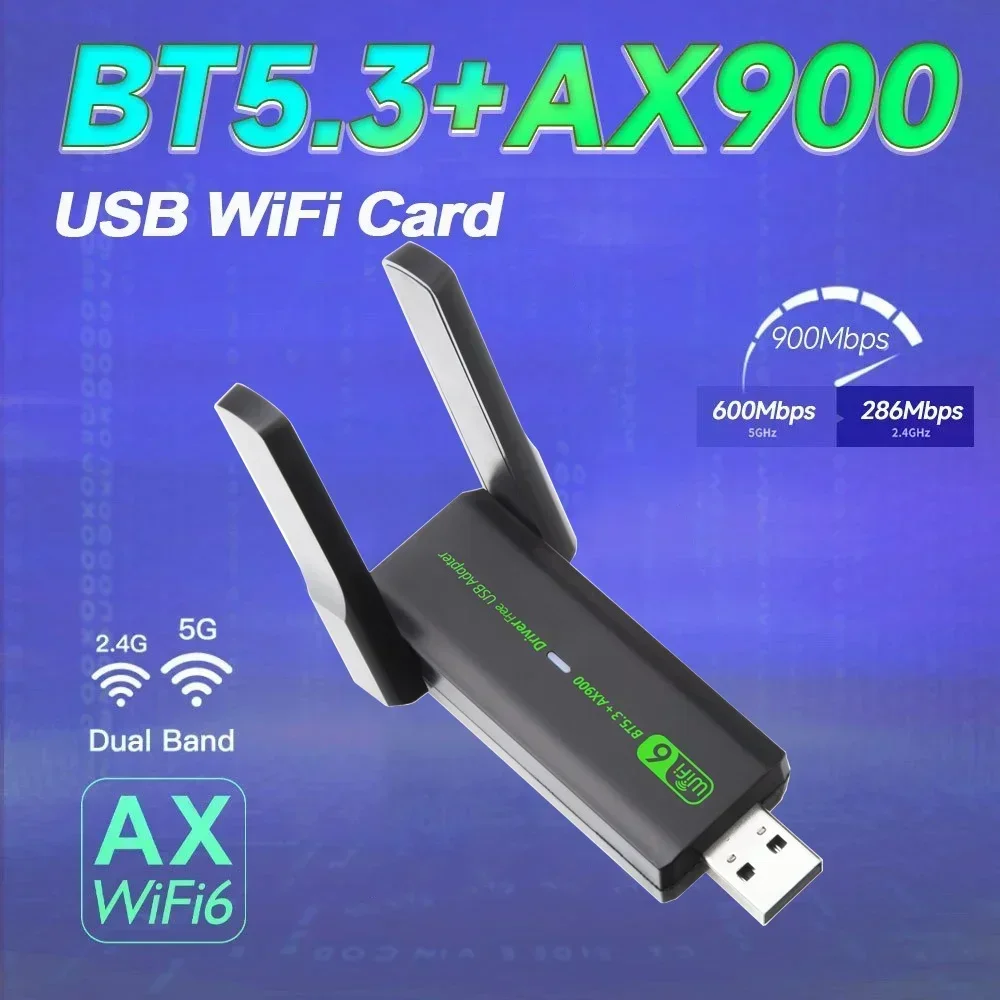 

Двойная антенна AX900 USB WiFi 6 Bluetooth 5.3 Адаптер 2в1 Dongle Двухдиапазонный 2,4G и 5 ГГц USB WiFi Сеть Беспроводной Wlan Приемник