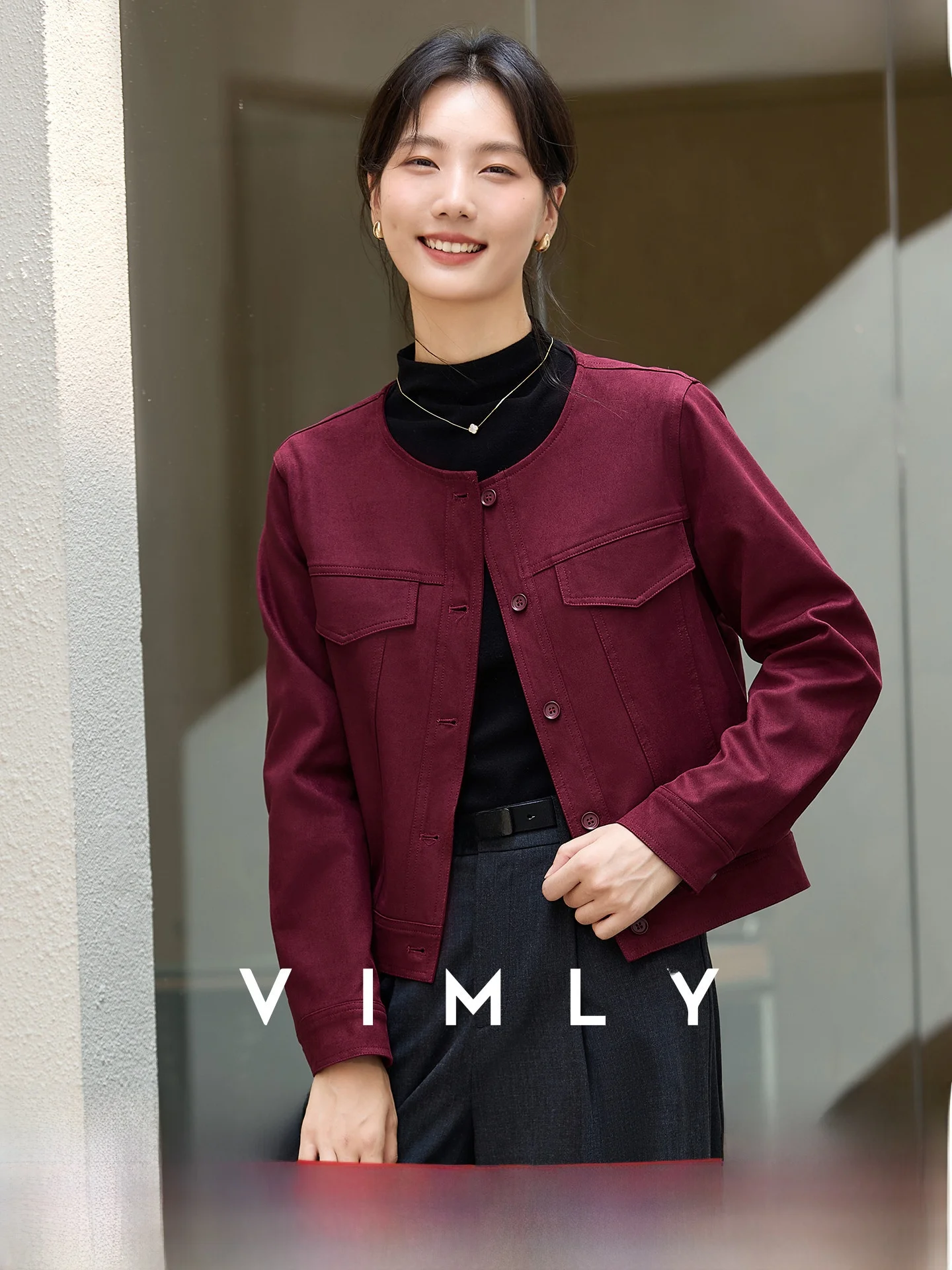 

Elegant Red Deer Suede round Neck Short Jacket Women's Loose Fit Casual Outerwear Polyester Fiber Pure Color Simple Style