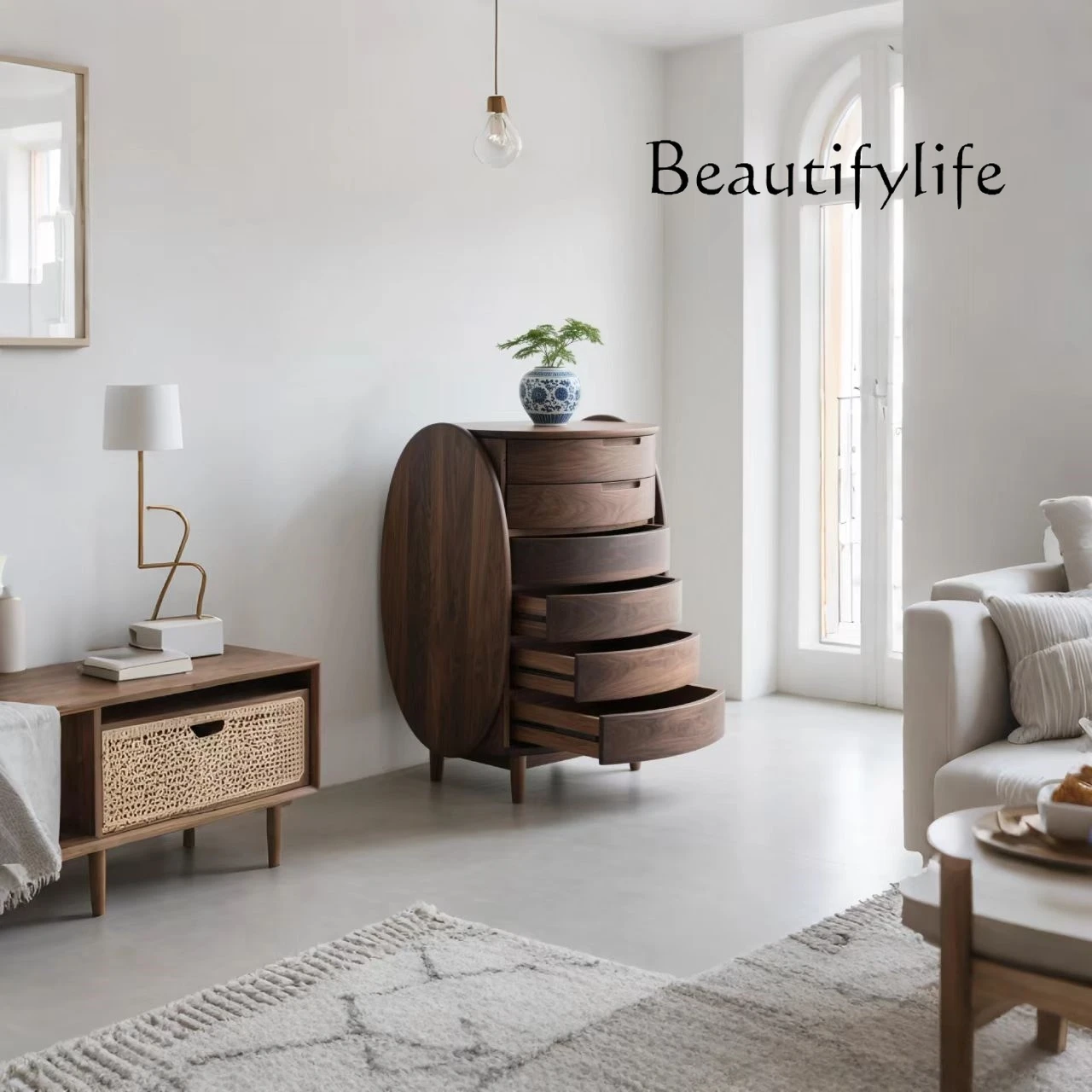 Minimalistyczna włoska komoda z orzecha czarnego z Ameryki Północnej, szafka z litego drewna z szufladami, szafka do salonu, szafka artystyczna do przechowywania, owalna szafka.