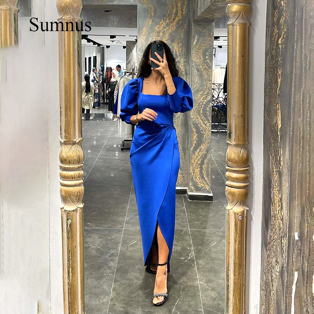 Sumnus Royal Blue Mermaid Evening Dresses Front Split Square Neck Half Sleeve Party Dress Floor Length Elegant Formal Gowns