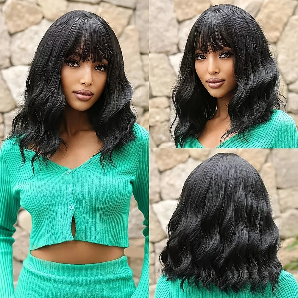 Elegant Water Wave Wig with Bangs for Women, 14-inch Black Short Bob Heat Resistant Fiber Wig, 130% Density, with Rose Net Cap,