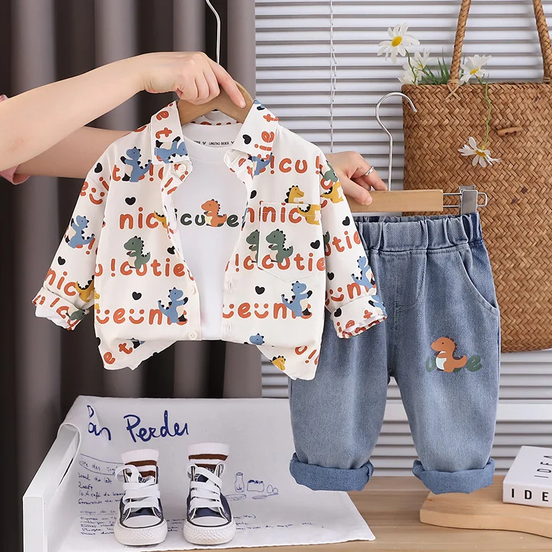 Autumn Boys Dinosaur Print Suit Set Korean Style 3-Piece Outfit with Letter Shirt&T Shirt &Jeans Casual Clothes for Kids