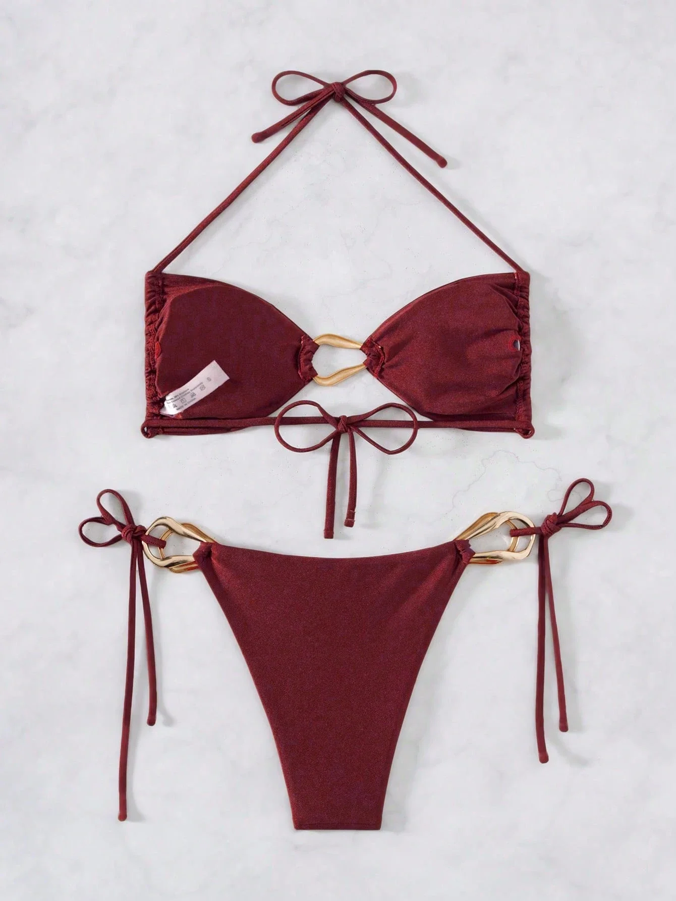 

Комплект бикини с завязками на шее и золотым кольцом, однотонный, пляжный купальник