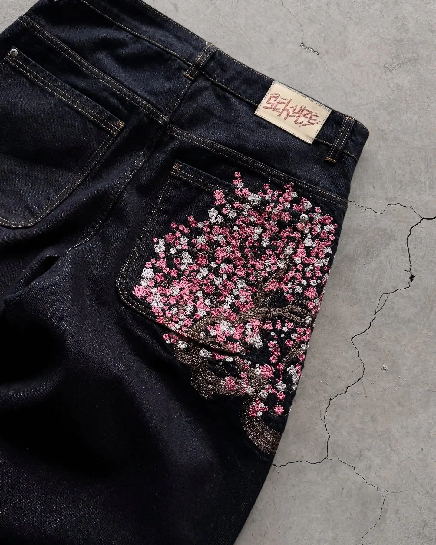 Black Cherry Blossom Embroidery Denim Jeans Men