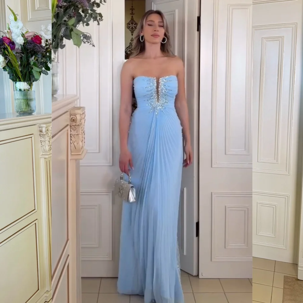 Customized Chiffon Sequined Pleat A-line Strapless Long Dresses Bespoke Occasion Exquisite Fashion High Quality