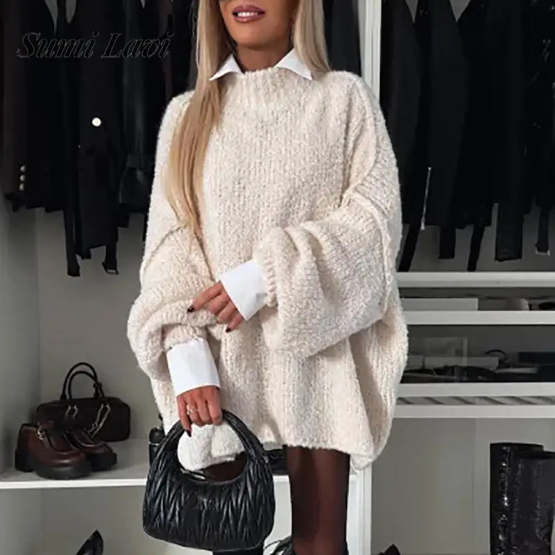 Autumn Casual Long Sleeve Solid Commuter Jumper 2024 Winter Fashion Loose Sweaters Women Elegant O-neck Soft Thick Knitted Tops