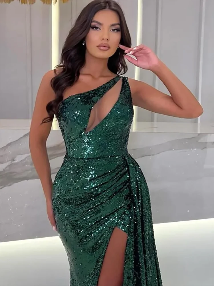 

Sexy One Shoulder Dark Green Mermaid Women Prom Party Gowns Sequined Split Evening Dresses Keyhole Neck Arabic Aso EBI Occasion