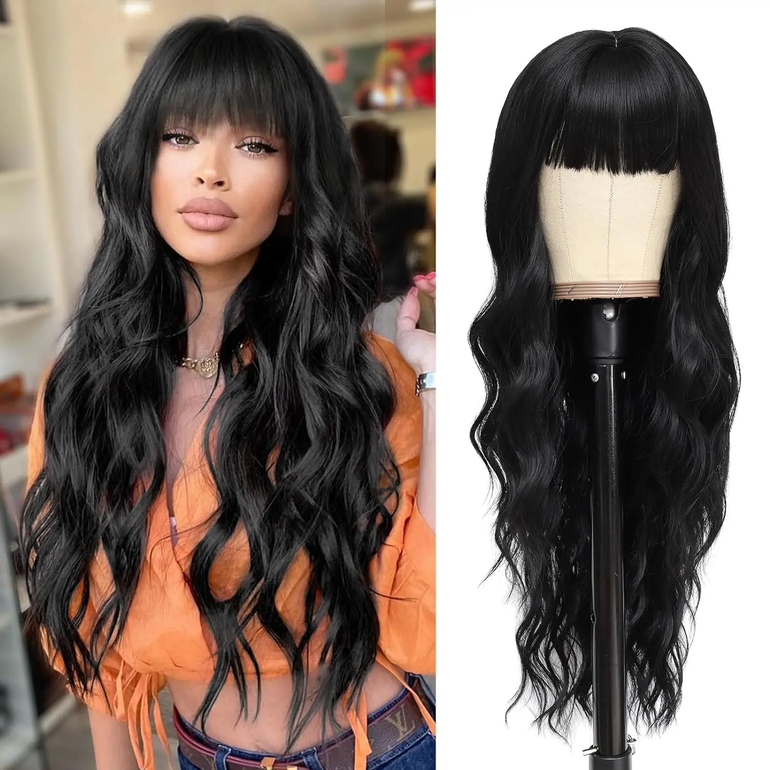 26 Inches Synthetic Wigs Long Blonde Black Hair with Bangs Wavy Bang Black for Women Lady Curly Machine Made Cosplay Selena  Use