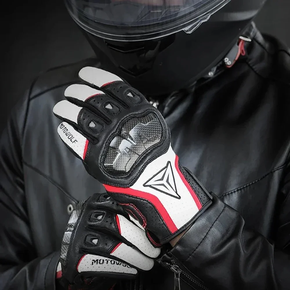 Motocicleta proteger couro unisex moto tela de toque respirável motocross equitação corrida carbono luvas protetoras dedo cheio