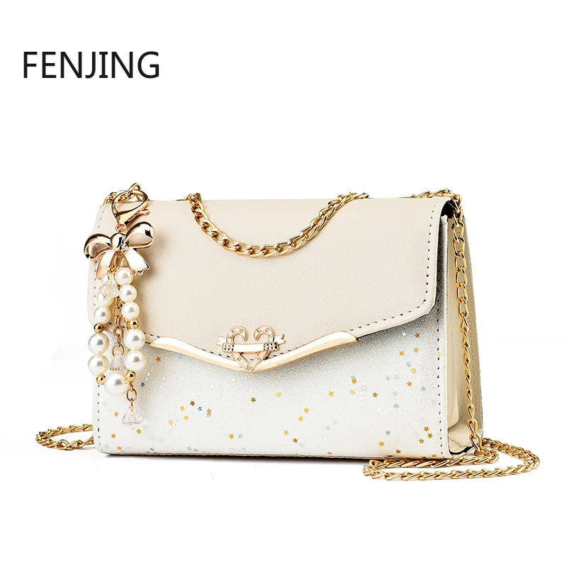 

Elegant Women Shoulder Bag with Tassel Pearl Pendant Sequins PU Leather Messenger Bag Fashion Totes Sling Chain Crossbody Bags