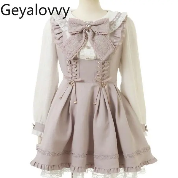 일본 스타일 대량 생산 새로운 달콤하고 귀여운 로리타 세트 레이스 패치워크 리본 네이비 칼라 소녀 긴 소매 드레스와 반바지