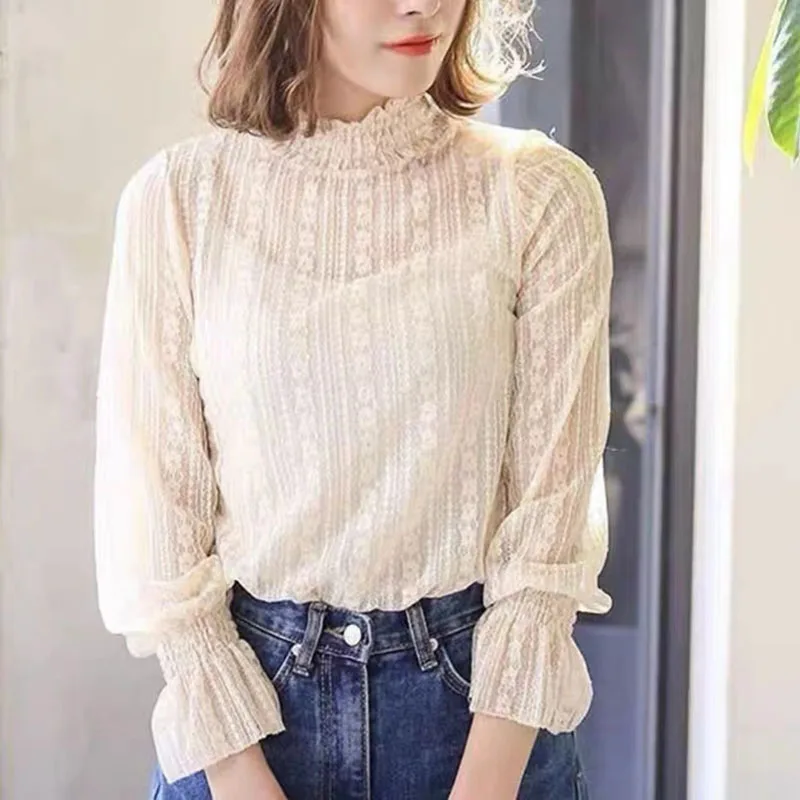 Boring Honey Sunscreen For Summer Grenadine Lace Base Shirt Bell-Bottomed Sleeve Perspective Women\'s Clothing Long Sleeves Tops