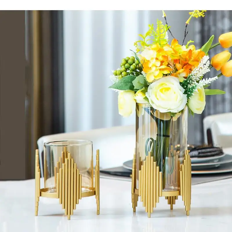 Creativity glass vase Golden metal frame geometry Transparent highfoot hydroponic flower arrangement Home Decoration