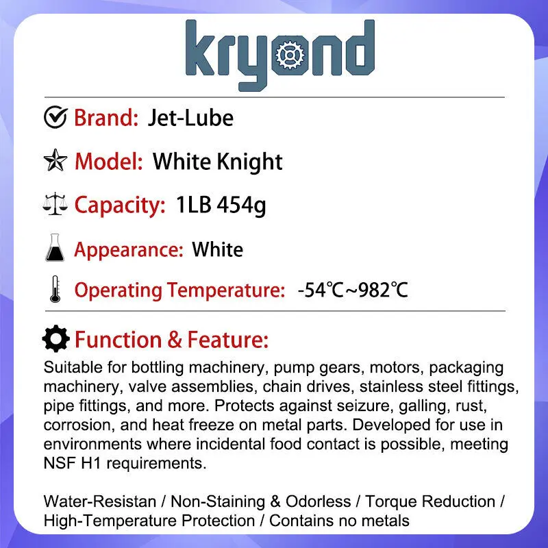 Jet-Lube White Knight Food Grade 1LB 454g Lubricant Applies in Contact with Food