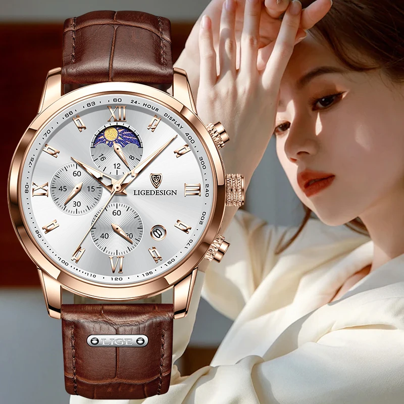 LIGE Elegant Classic Woman Watch Fashion Leather Strap Casual Sport Waterproof 24 hour Moon Phase Clock Quartz Watches for Women