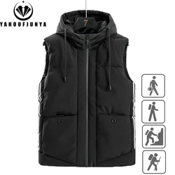 2024 New Men Winter Autumn Sleeveless Warm Hooded Vest Jackets Men Solid Color Multi Pockets Outdoors Casual Fashion Vest Male