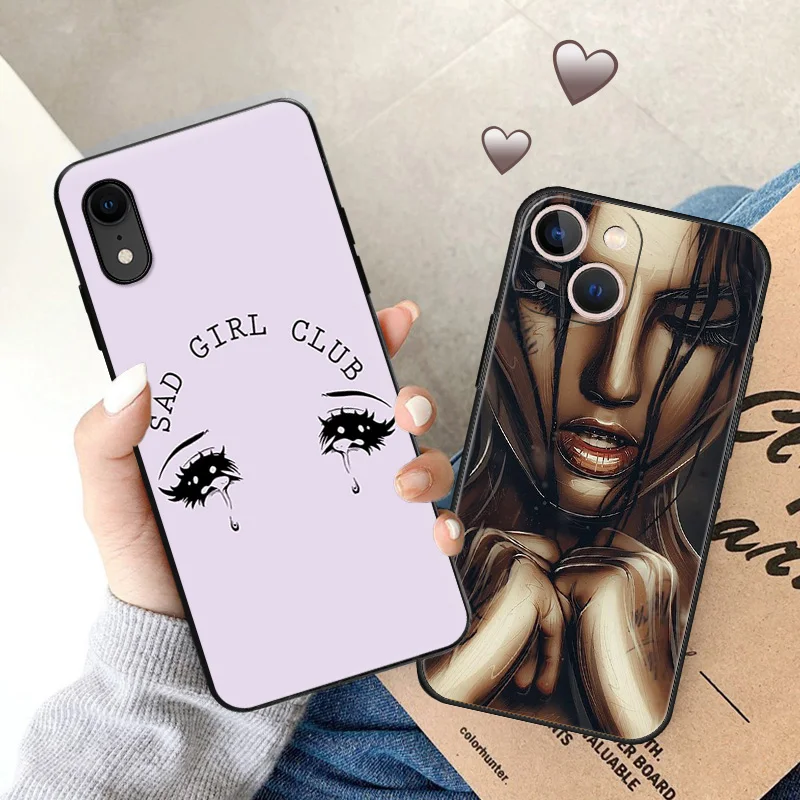 Soft Case for iphone 15 14 Pro Max 7 8 6 6S Plus SE 13 12 11 XS X XR Mini Luxury Crying Sad Girl Cartoon Black Phone Cases Cover