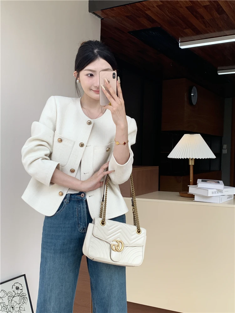 

Beige oulder Length ort Coat Women's Simple Sle Spring New Arrival Wool Blend Fabric Warmth round Ne Button Closure
