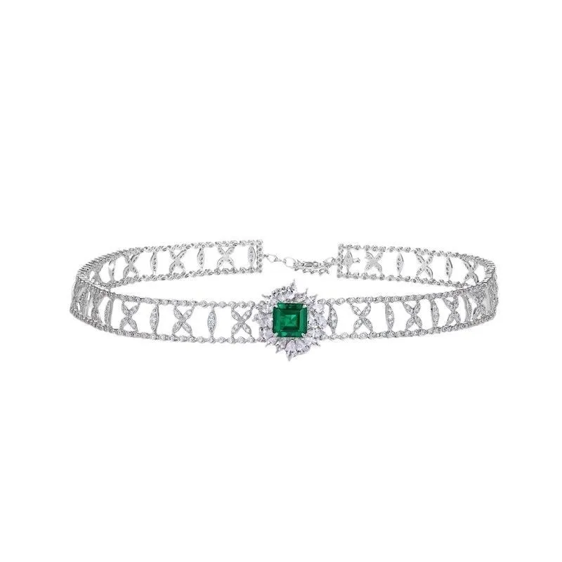 New S925 pure silver heavy industry design cultivates emerald Zambian color treasure necklace, light luxury wedding jewelry