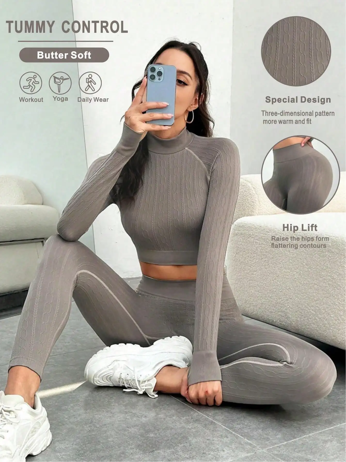 Women 2 Piece Workout Sets Hidden Scrunch Butt Lifting Seamless Leggings Long Sleeve Yoga Crop Tops