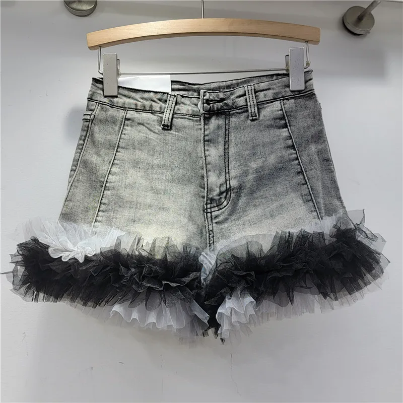 Elegante contraste malha costura denim shorts feminino outono inverno novo elástico de cintura alta hip-lifting curto jeans feminino