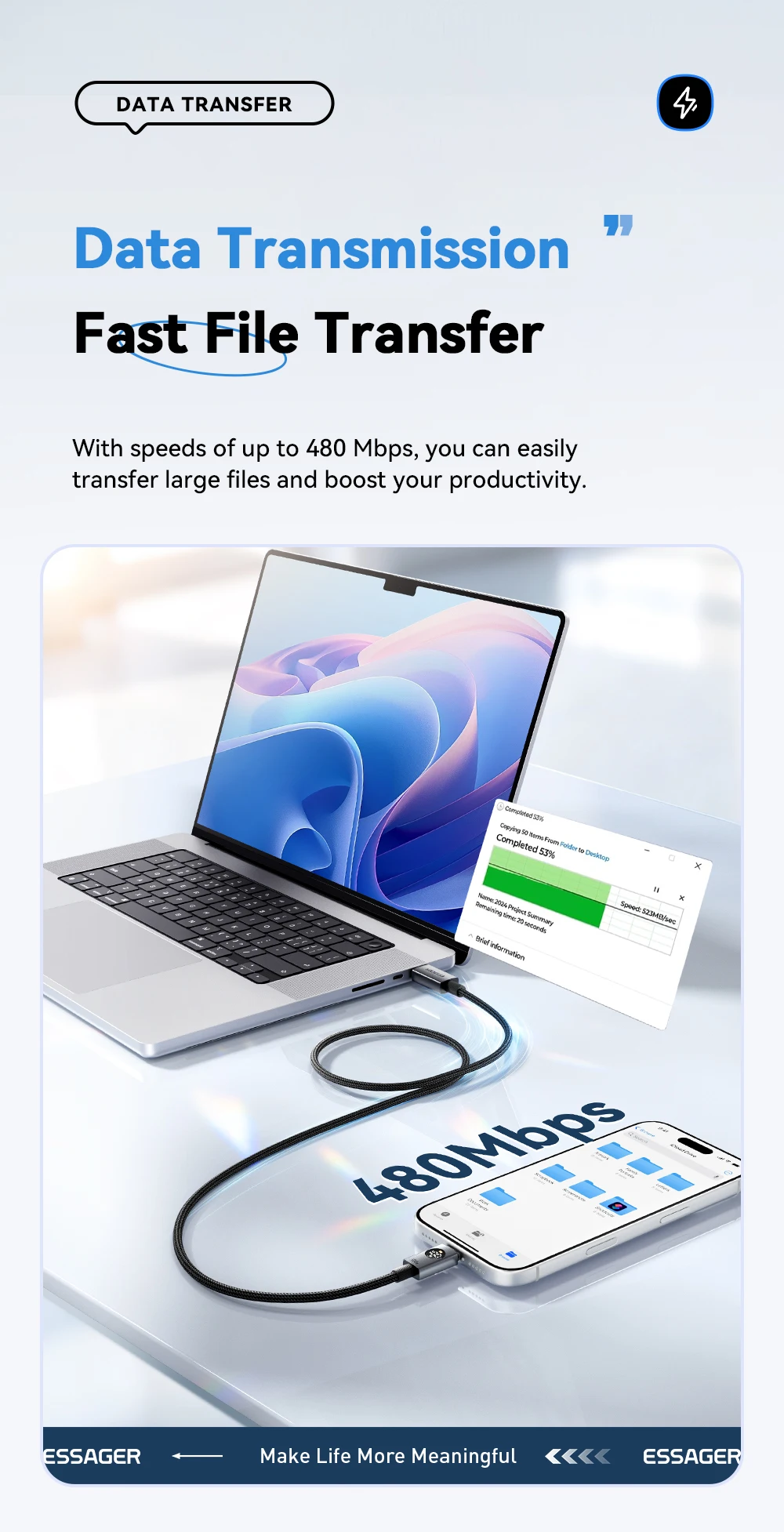 Essager 100W Typ-C zu Typ-C PD-Schnellladekabel für MacBook, iPad, iPhone 17, 16 Pro Max, Digitales Display, Datenkabel – Detail 8