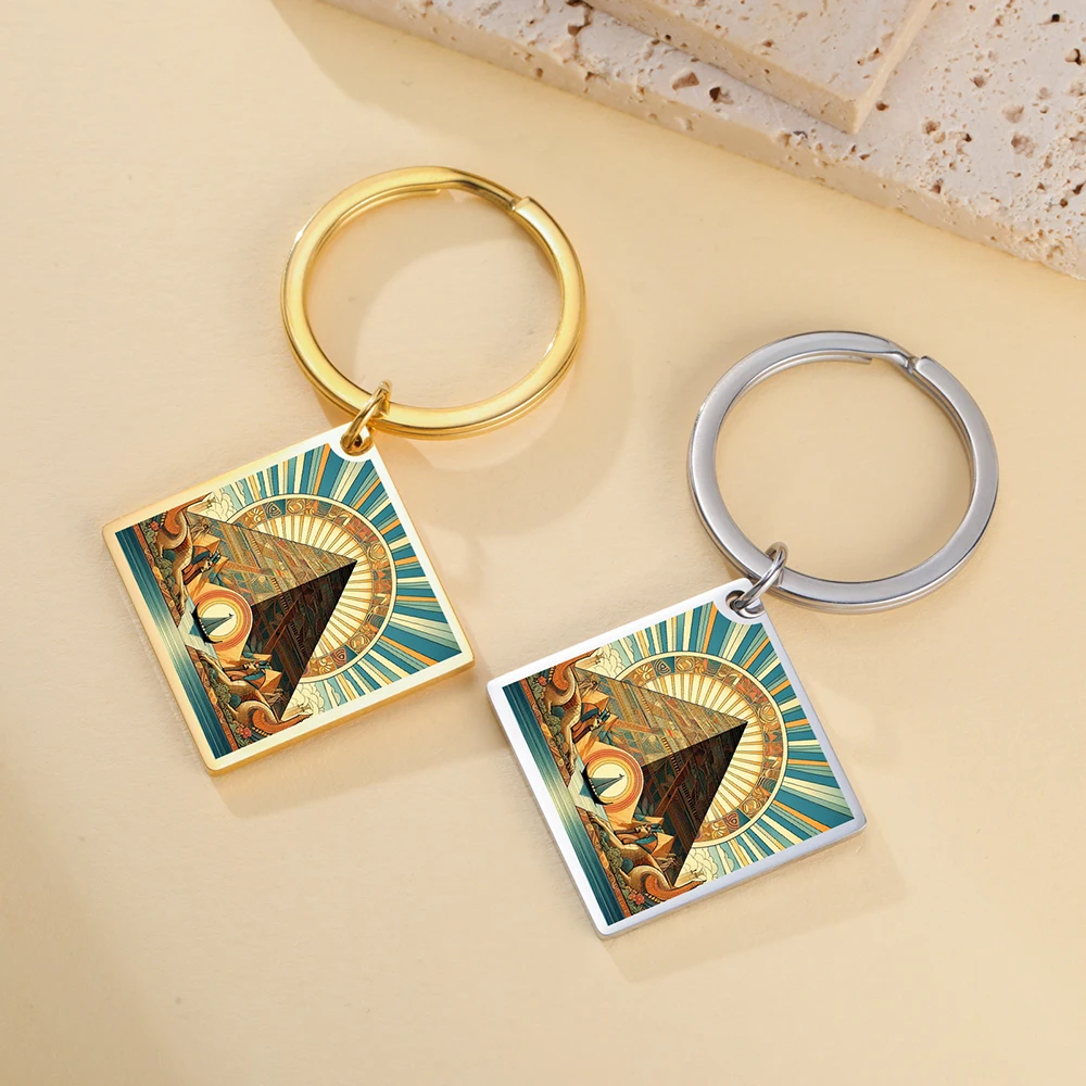 Dawapara Ancient Egyptian Goddess Keychain Queen Nefertiti Anumis Pyramid Multicolor Printing Stainless Steel Keyring
