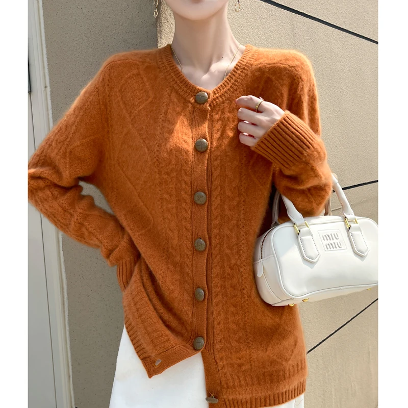 New round neck thick jacquard in autumn and winter 100% beautiful slave wool sweater cardigan loose long sleeve solid color knit