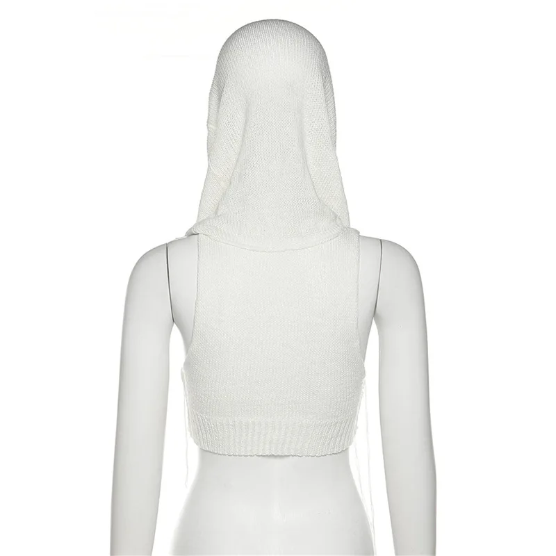 Women\'s Summer New Hooded Sleeveless Open Navel Knitted Tops Fashion Streetwear Solid Color Sweater Pullovers Short T Shirts