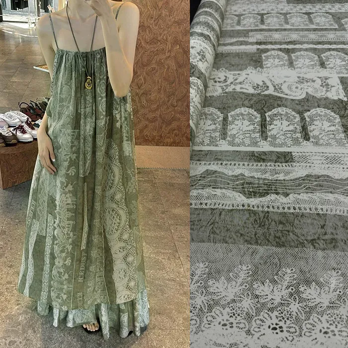 Light Green Vintage Botanical Print Silk Stretch Crepe De Chine Fabric Mulberry Silk Material for Dresses 140cm wide blouse
