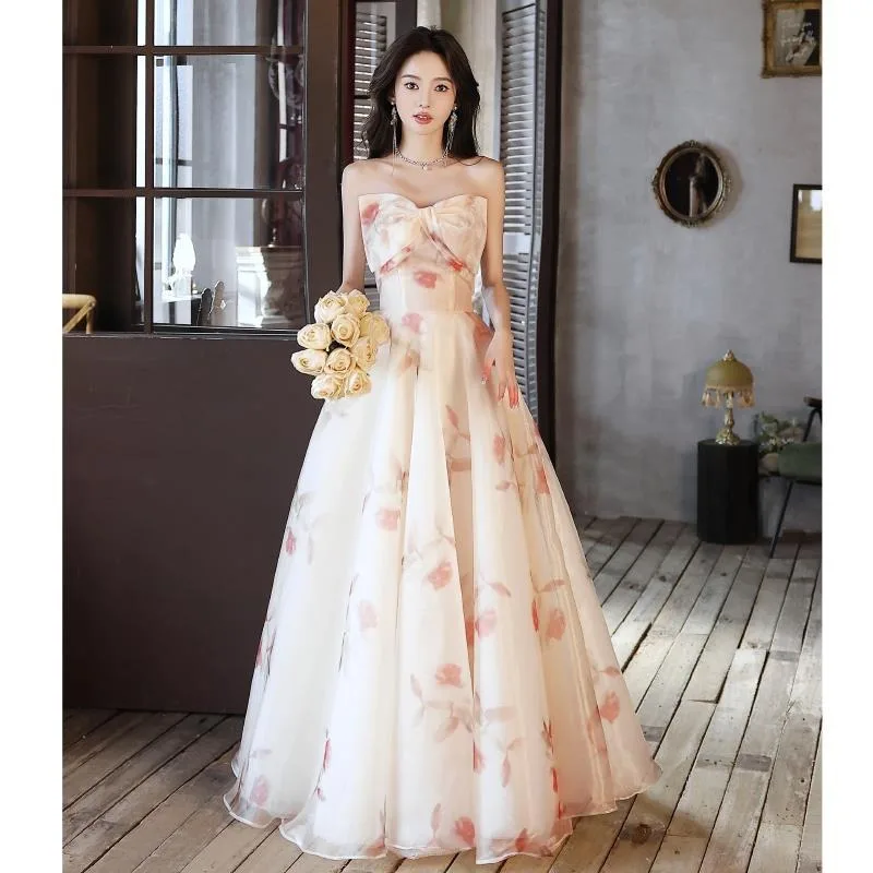 

2025 Summer New French Super Immortal Bow Strapless Evening Dress Fashionable Slimming Vocal Art Exam Walking Show Banquet Dress