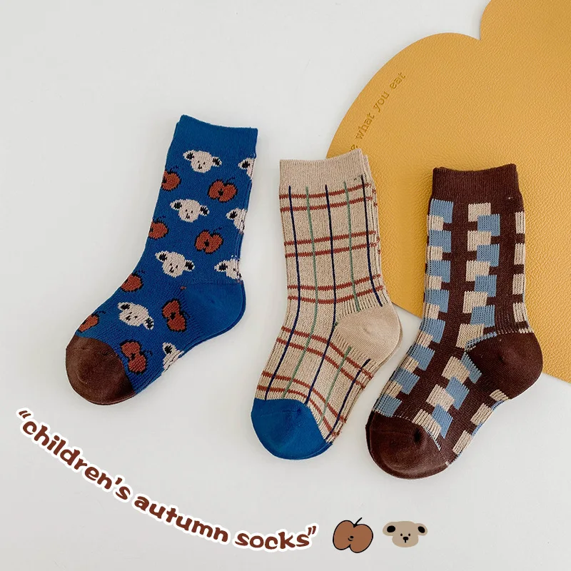 Children Socks Autumn Winter Sock Double Woven Cotton Socks Cartoon Bear Pattern Baby Boys Girls Crew Socks Warm and Cozy