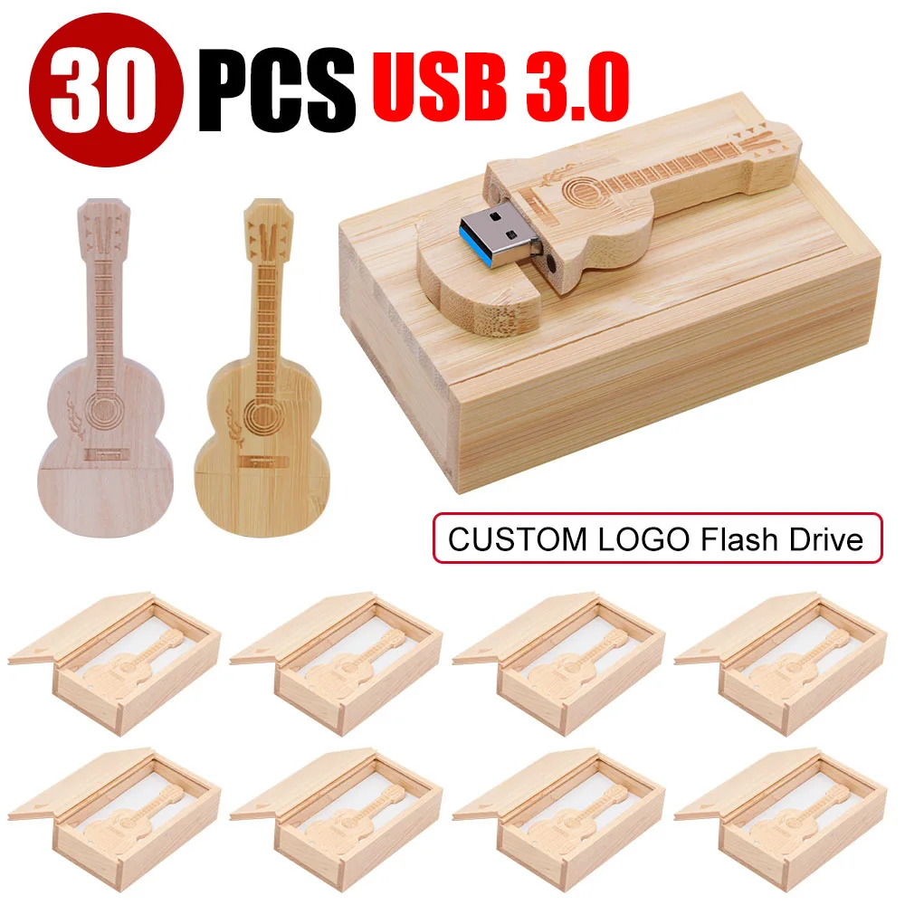 30pcs/lot wooden Guitar Usb 3.0 Flash Drive (Free Logo) gifts pendrive 8GB 16GB 32GB cle usb 64GB 128GB pen drive memory stick