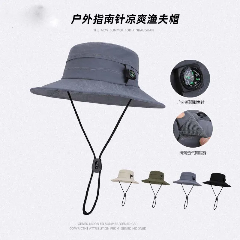 Summer Outdoor Compass Fisherman Hat for Men Fishing Hiking Lightweight Breathable Sun Hat Quick-drying Waterproof Sunshade Cap
