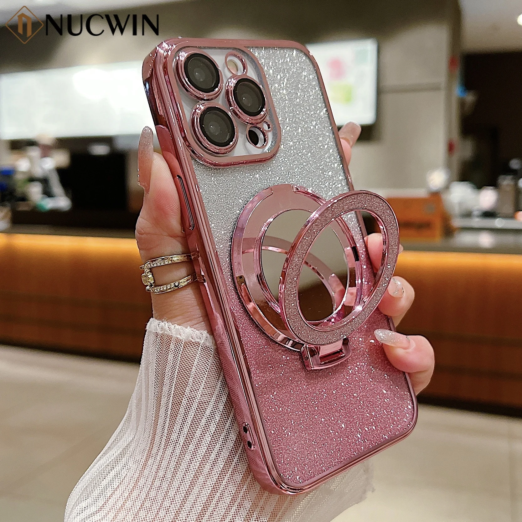 Glitter Diamond for Magsafe Bracket Case for iPhone 15 14 13 12 11 Pro Max Mini X Xr Xs Max Plus Ring Holder Gradient Soft Cover