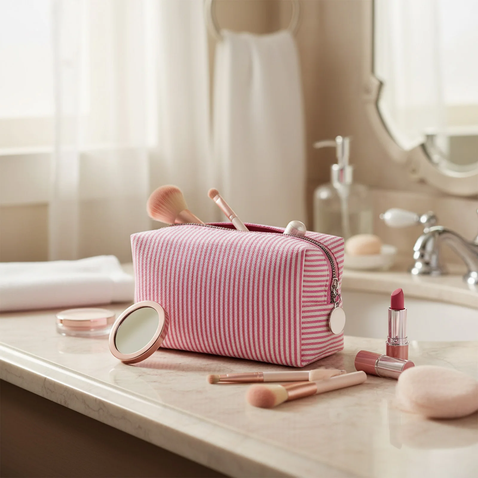 1 قطعة حقيبة مستحضرات التجميل المخططة الحد الأدنى سعة كبيرة أدوات ماكياج السفر الحقيبة مع سحاب النساء الفتيات منظم أدوات الزينة