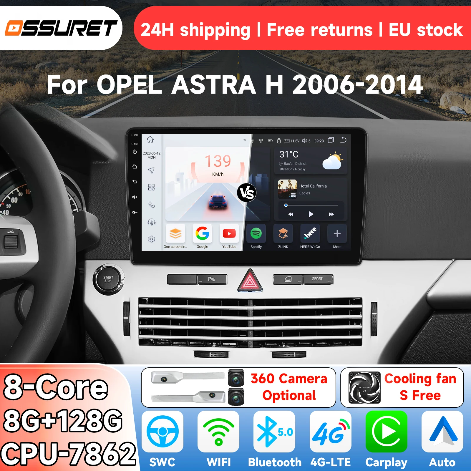 Autoradio Android 14 8G 128G AI pour OPEL ASTRA H 2006 - 2014 Système Intelligent Carplay Lecteur Multimédia Vidéo GPS 4G 7862