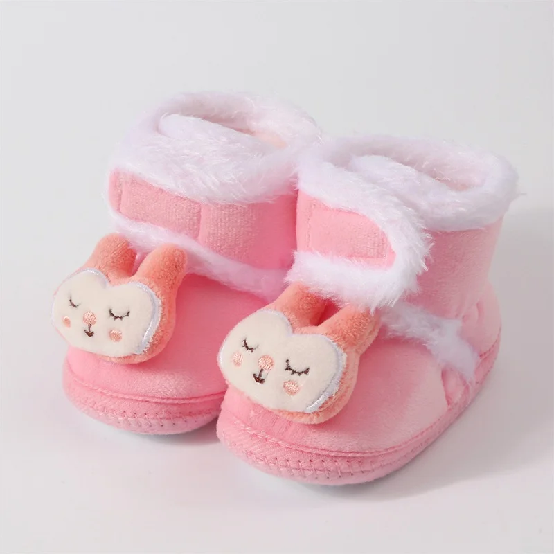 Botas de invierno para bebé, zapatos de suela blanda antideslizantes de forro polar de conejo/oso en 3D para primeros pasos para niñas y niños