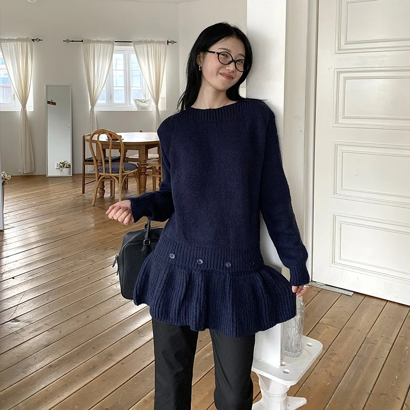 

Корейский мягкий вязаный свитер с кружевной отделкой, круглый вырез, для повседневной носки, цельный, 100% полиэстер, осенний сезон