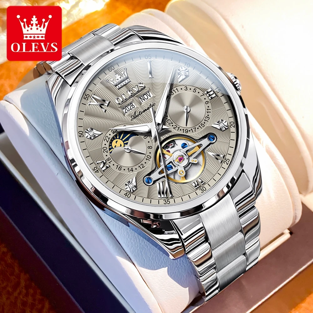 

OLEVS 7028 Luxury Men's Watch 24 Hours Moon Phase Mechanical Watch For Men Waterproof Hollow Calendar Automatic Wrist Watches