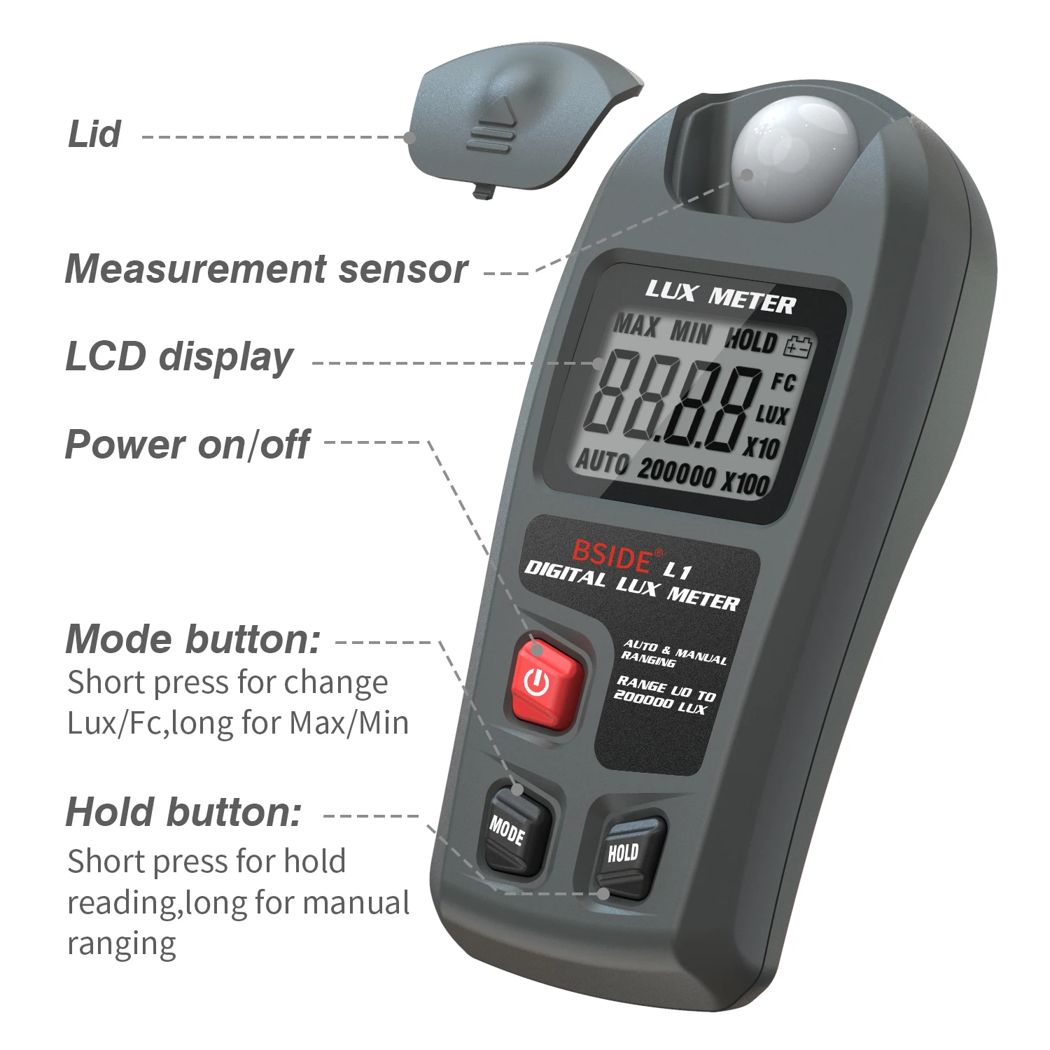 BSIDE Lux Meter Digital Illuminometer 0~200,000lux LCD Pocket Light Meter Lux/FC Measure Tester Sensor Photometer Luxmeter