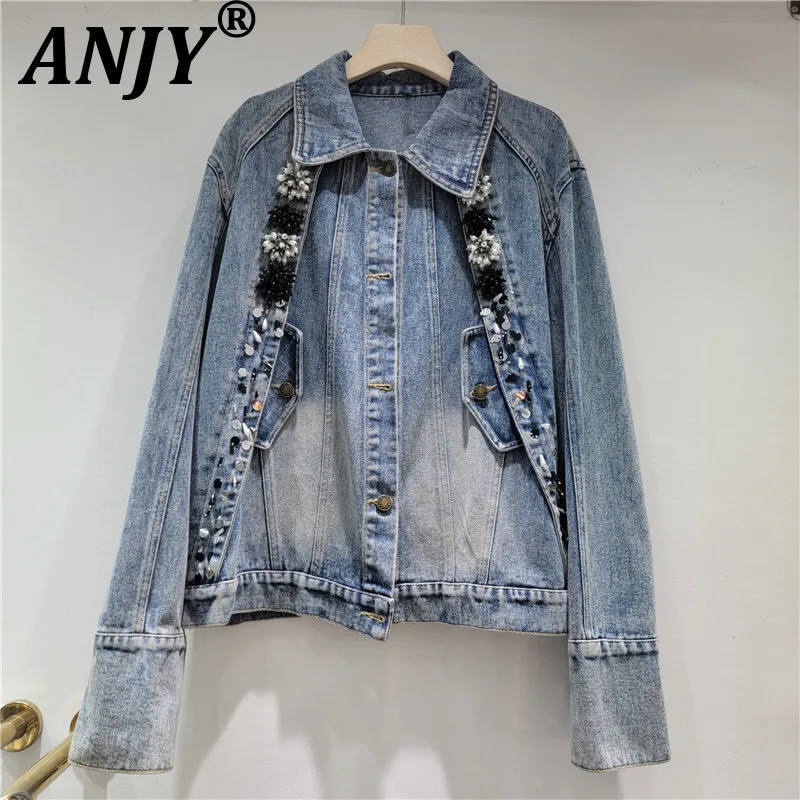 

ANJY Autumn New Women Chic Denim Jacket Niche Design Patchwork Beaded Single Breasted Distressed Vinatge High Street Coats A9743