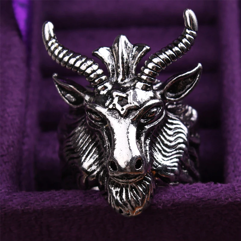 Retro Sigil of Baphomet Large Ring For Men Punk Gothic Rock Hiphop Open Ring Handmade Designer Jewelry Biker Accessories Gift