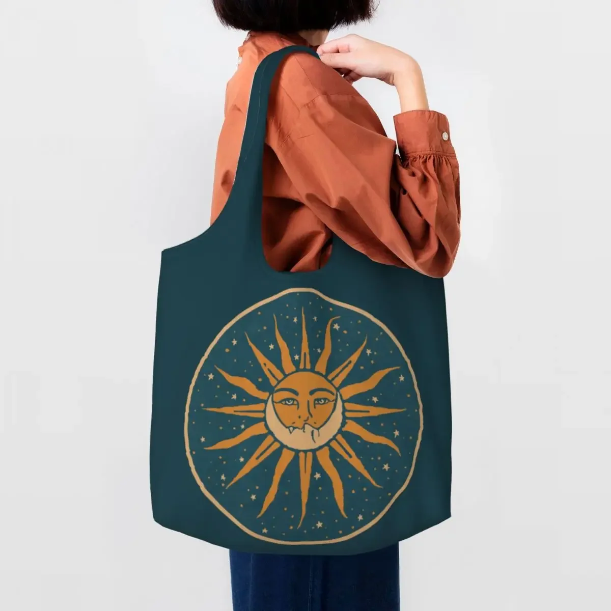 Custom Cute Print Sun And Moon Vintage Shopping Tote Bags Portable Canvas Shopper Shoulder Handbag