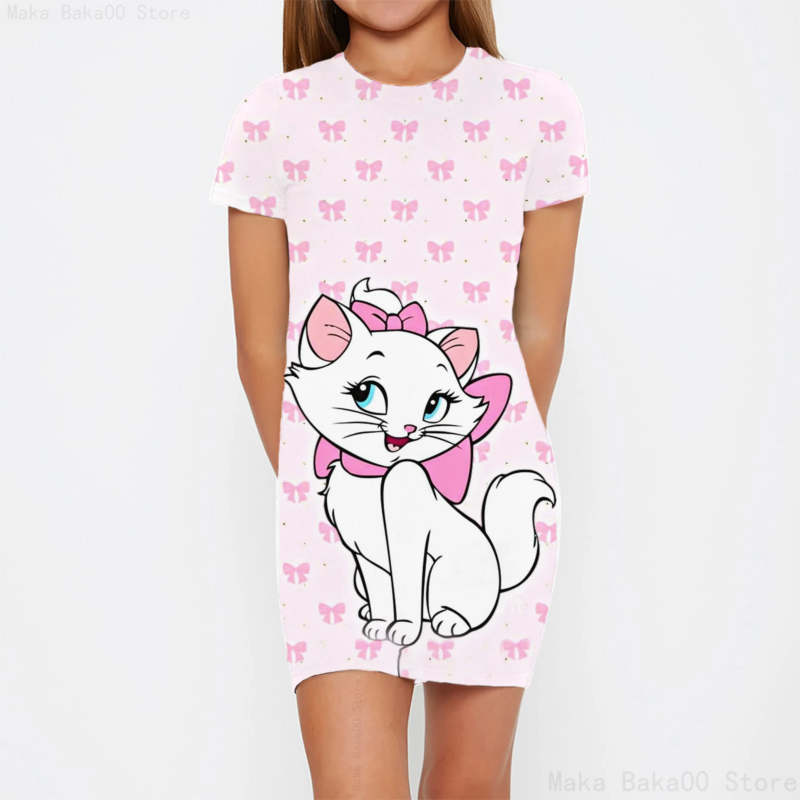 Disney Summer Mary Cat Short Sleeve Round Neck Print Cute Cat Street Casual Girls Birthday Party Bodysuit Dress