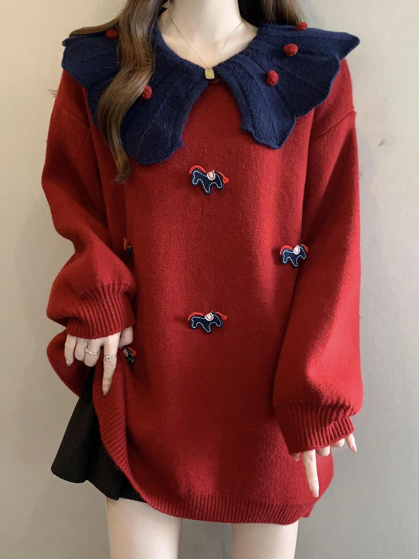 

Красный вязаный свитер с воротником-стойкой средней длины для осени и зимы, больших размеров, женский, модный, для повседневной носки, теплый, повседневный трикотаж