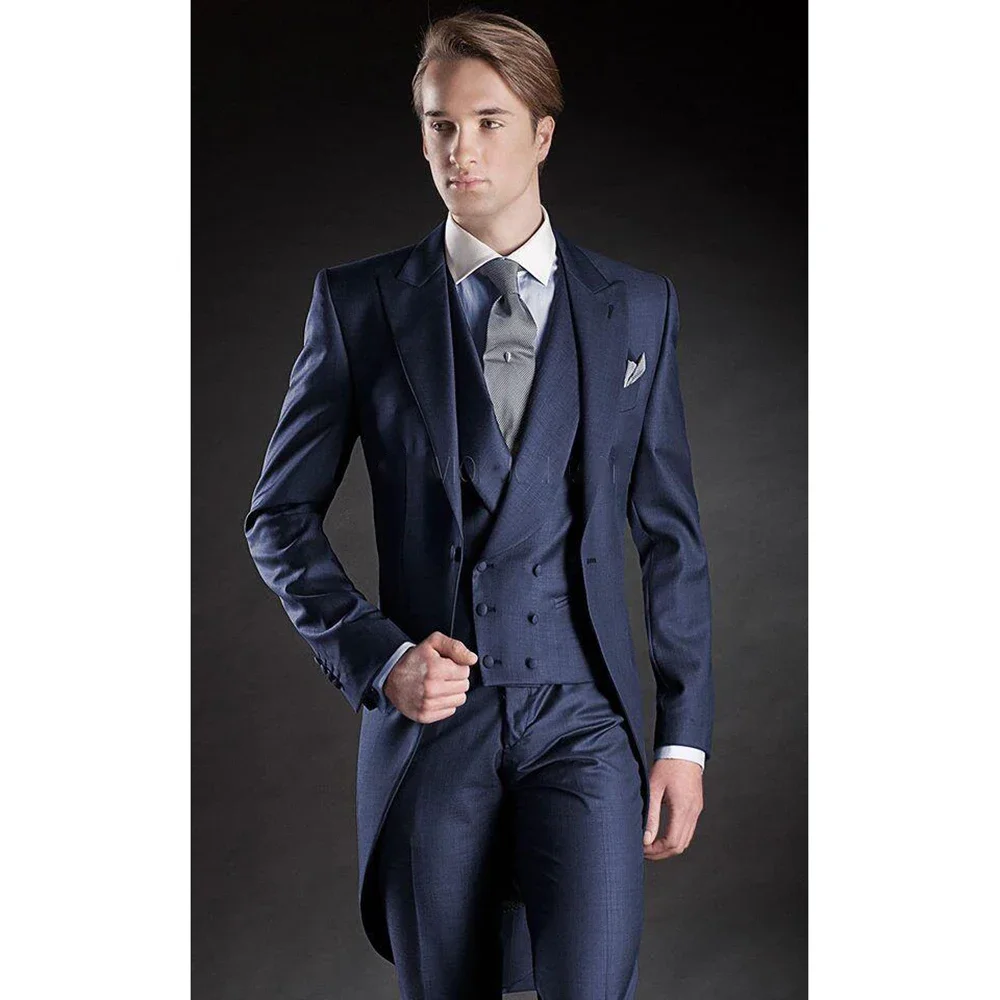 

Navy Blue Slim Fit Tailcoat Tuxedo Men Suit Peaked Lapel 3 Pieces (Jacket+Pants+Vest) Male Formal Wedding Party Blazer Sets