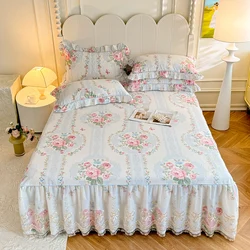 100% Cotton Bed Skirt Lace Style Bedspread Floral Bedspread Bed Cover Skin-friendly Mattress Protector 레이스침대커버 (No Pillowcase)