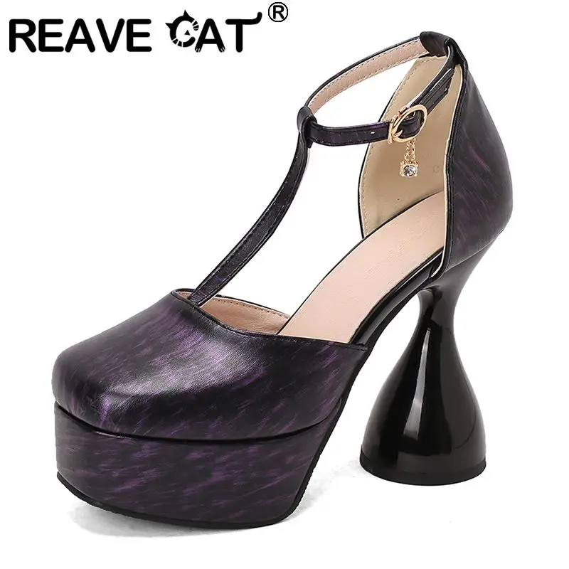 

REAVE CAT Новые женские сандалии разного цвета с квадратным носком на странном каблуке 12 см 4 см на платформе с Т-образным ремешком, большой размер 48 49 50 US18 Сексуальная обувь