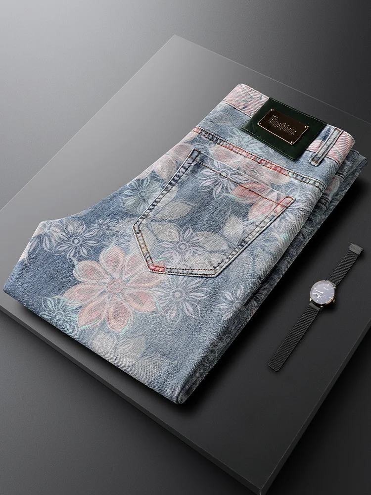 

Floral Print Slim Fit Straight Leg Casual Jeans Men's Trendy Pants Comfortable Cotton Polyester Blend